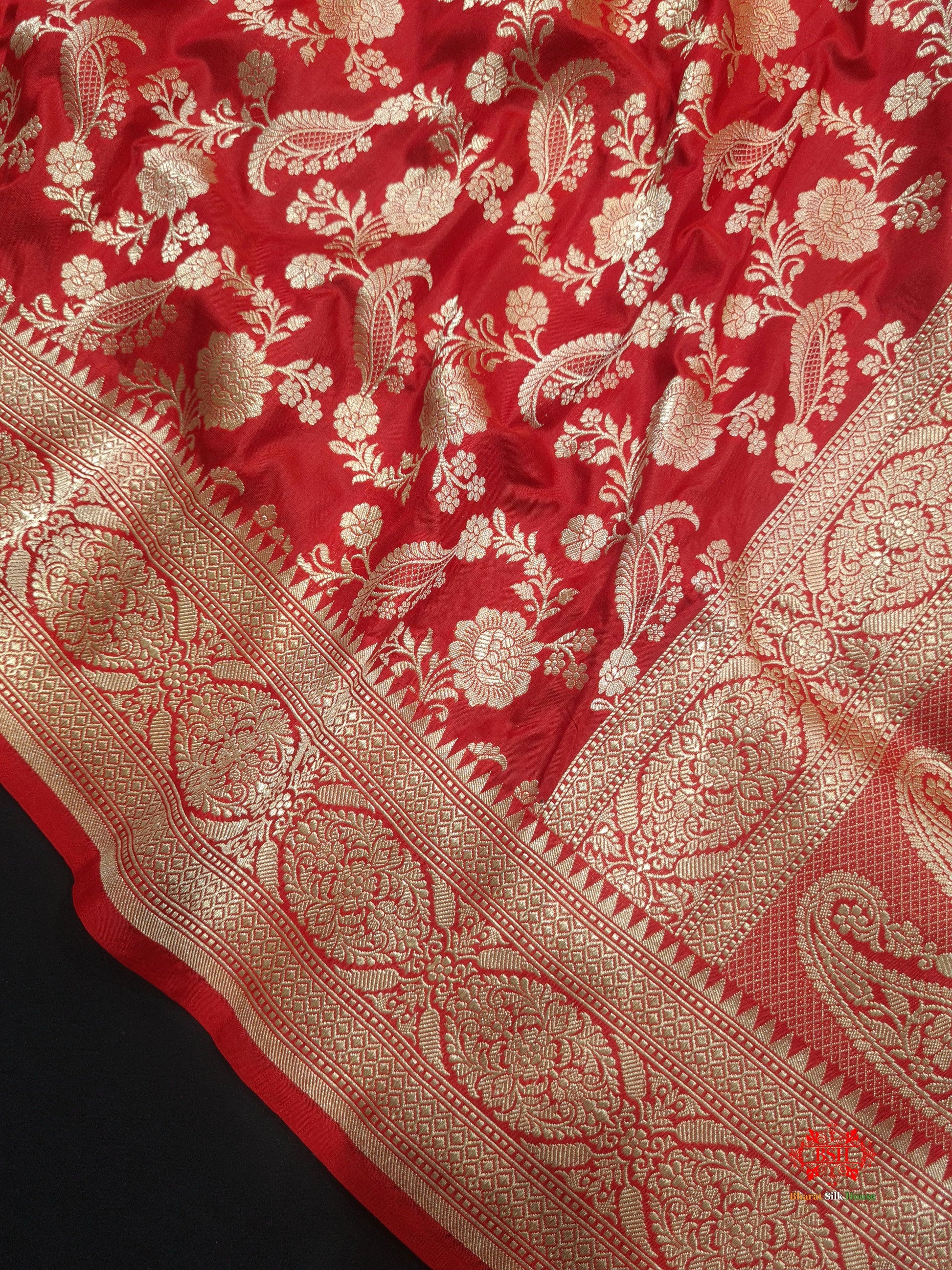 Handloom Banarasi Pure Katan Silk Floral Jaal In Shades Of Red - Bharat Silk House