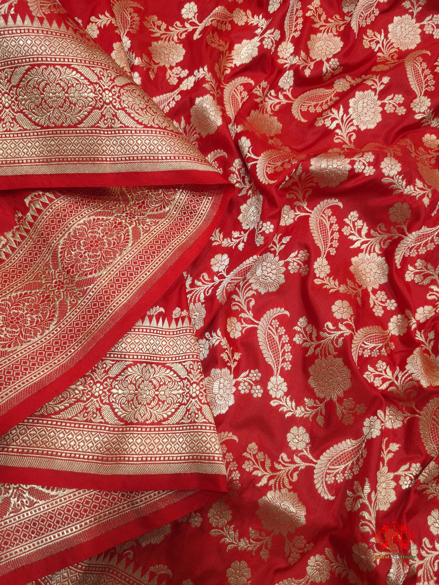 Handloom Banarasi Pure Katan Silk Floral Jaal In Shades Of Red - Bharat Silk House