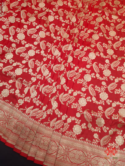 Handloom Banarasi Pure Katan Silk Floral Jaal In Shades Of Red - Bharat Silk House