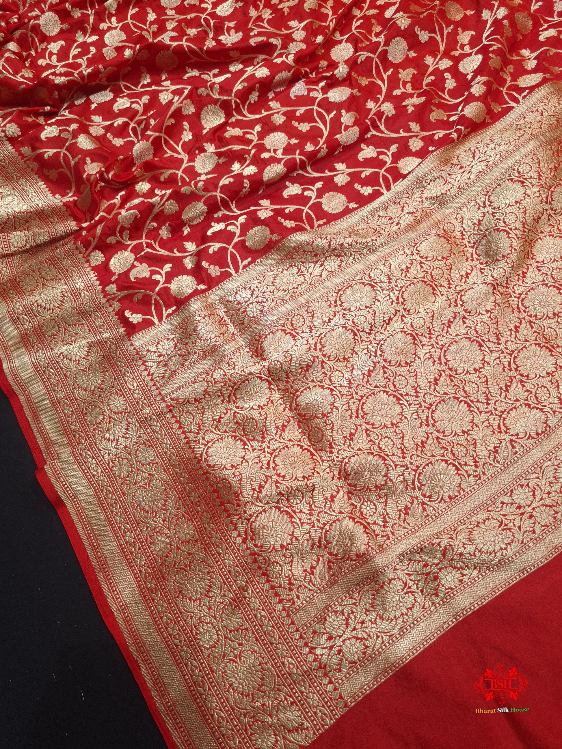 Handloom Banarasi Pure Katan Silk Floral Jaal In Shades Of Red - Bharat Silk House