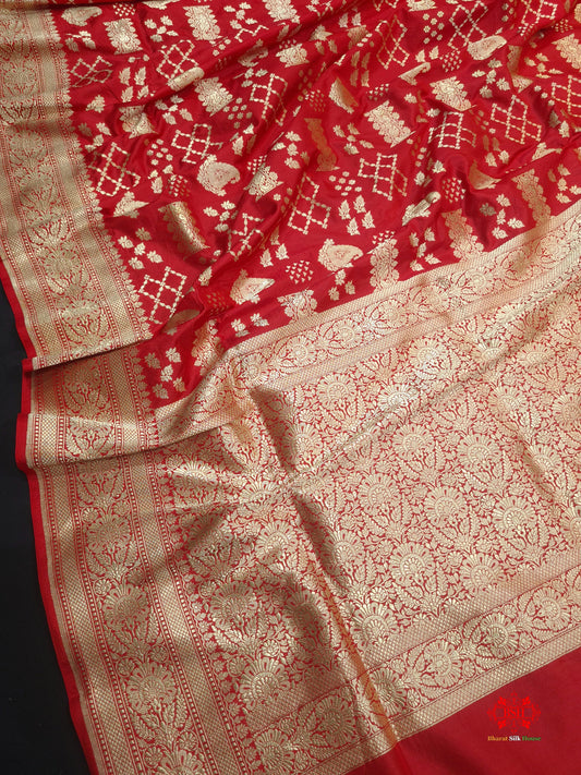 Handloom Banarasi Pure Katan Silk Floral Jaal In Shades Of Red - Bharat Silk House