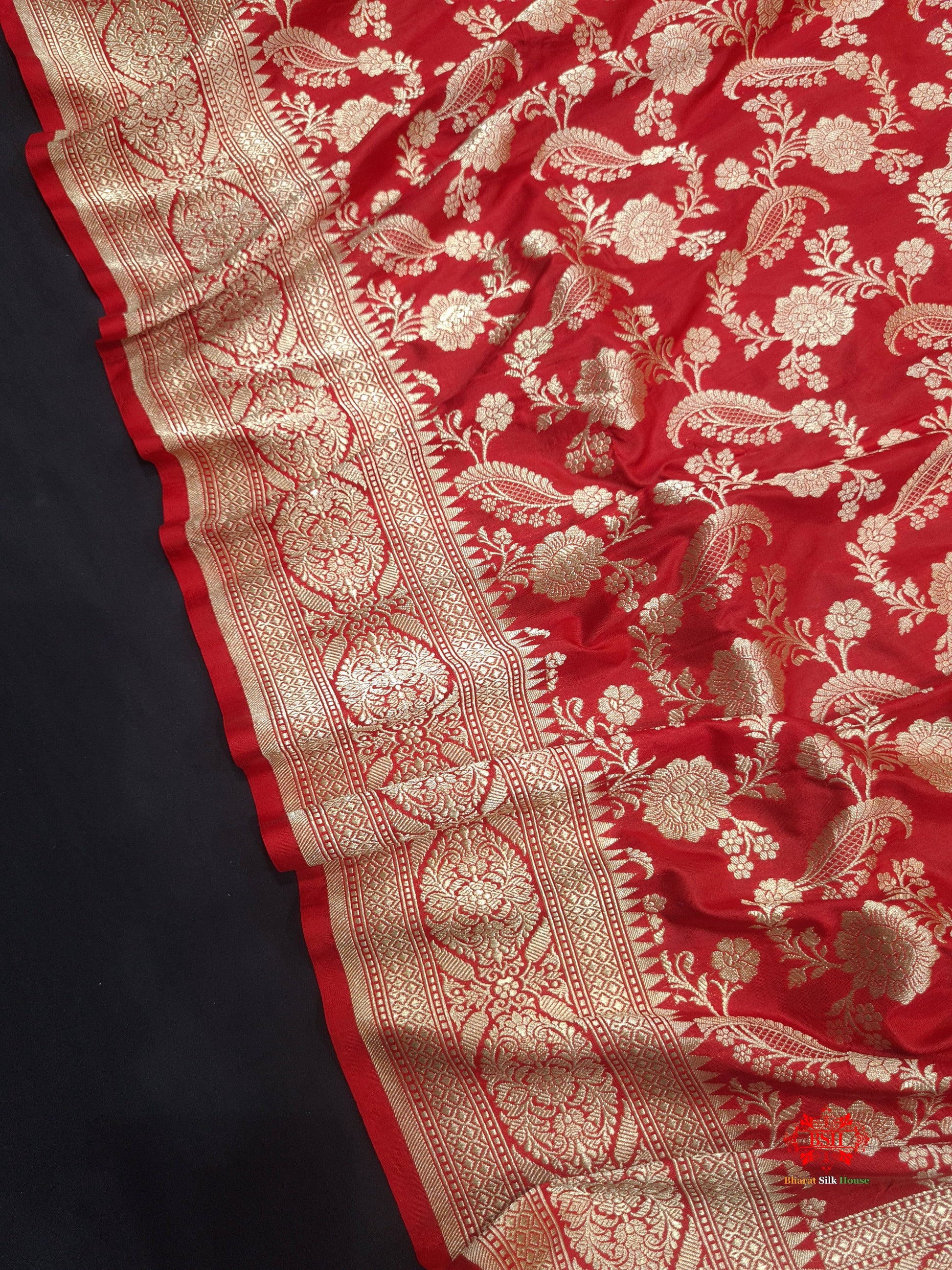 Handloom Banarasi Pure Katan Silk Floral Jaal In Shades Of Red - Bharat Silk House