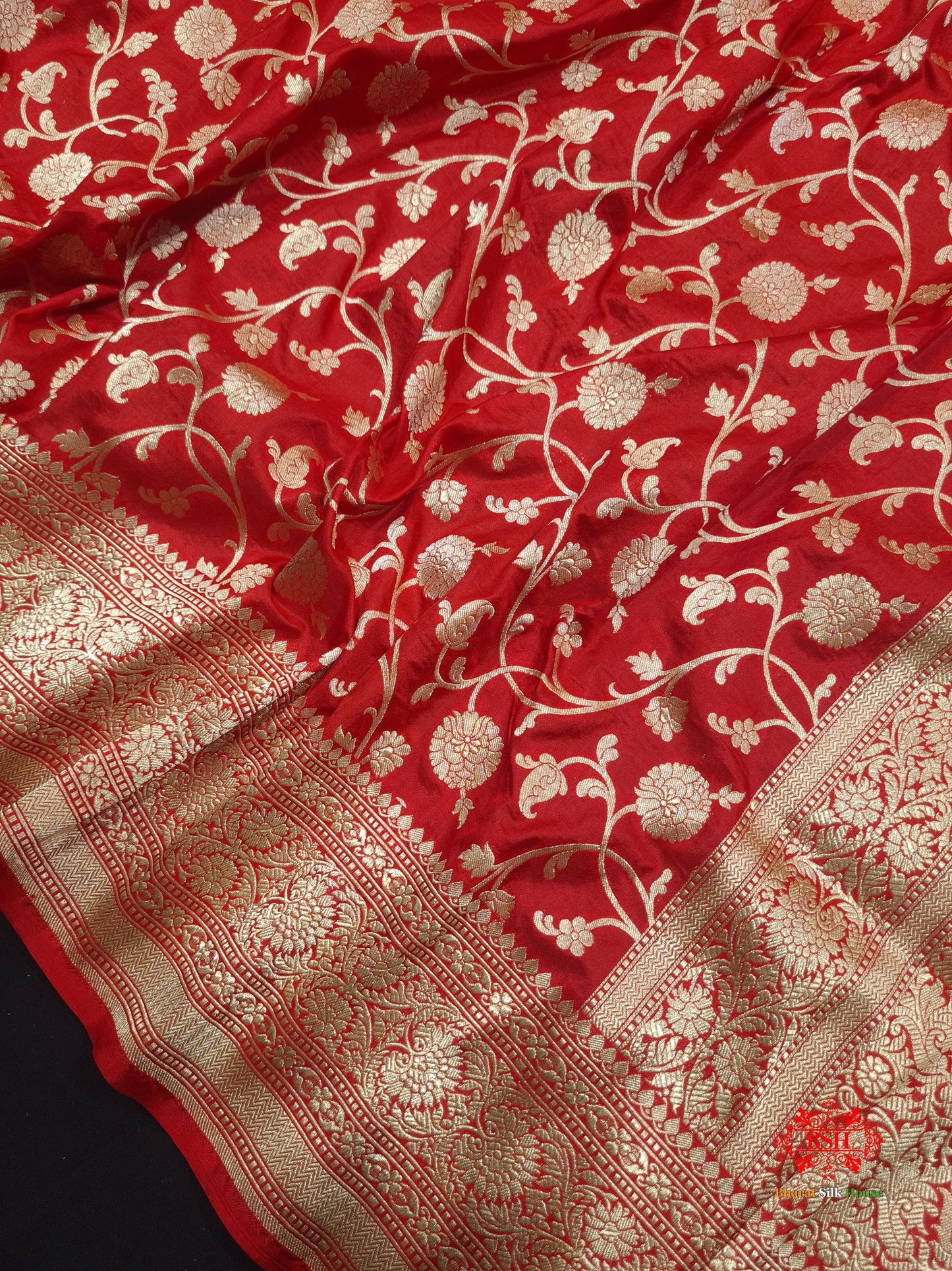 Handloom Banarasi Pure Katan Silk Floral Jaal In Shades Of Red - Bharat Silk House