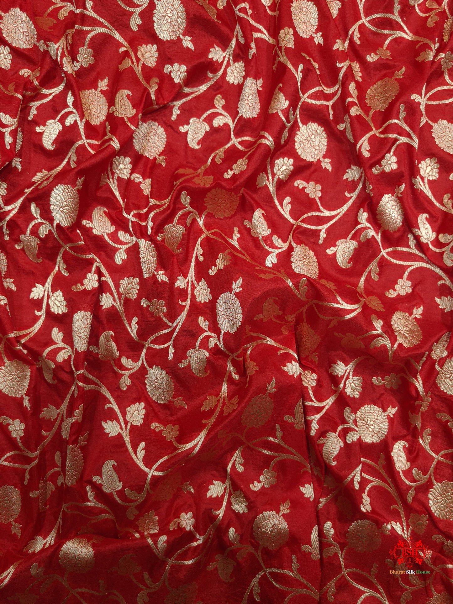 Handloom Banarasi Pure Katan Silk Floral Jaal In Shades Of Red - Bharat Silk House