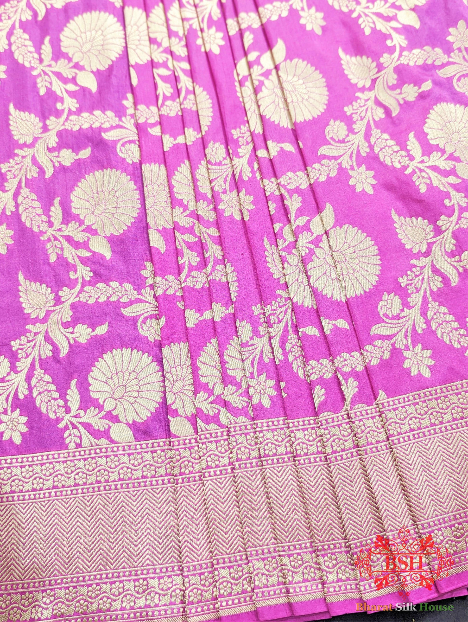 Handloom Banarasi Pure Katan Silk Floral Jaal Saree In Shades Of Gazari - Bharat Silk House