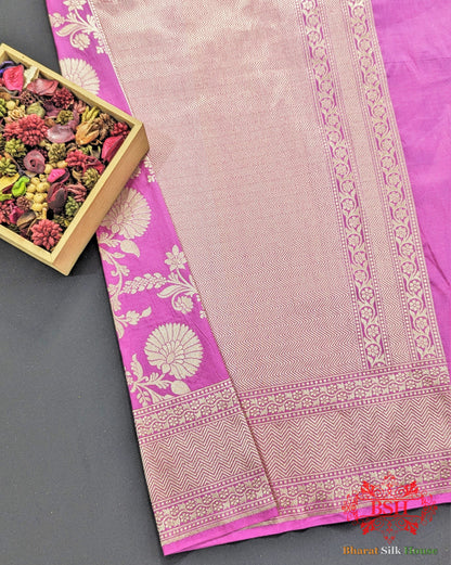 Handloom Banarasi Pure Katan Silk Floral Jaal Saree In Shades Of Gazari - Bharat Silk House