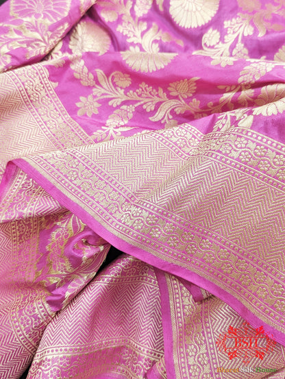 Handloom Banarasi Pure Katan Silk Floral Jaal Saree In Shades Of Gazari - Bharat Silk House