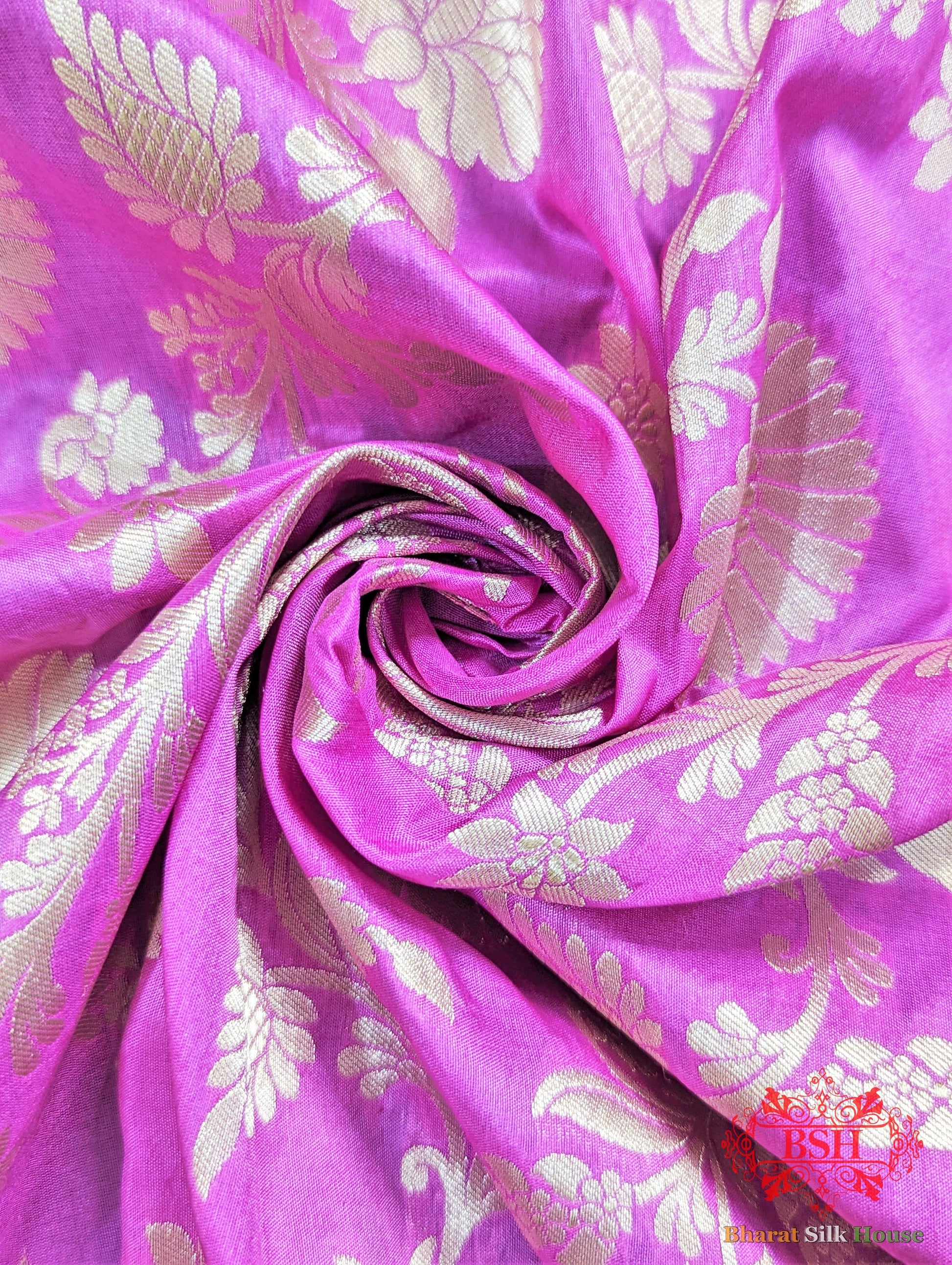 Handloom Banarasi Pure Katan Silk Floral Jaal Saree In Shades Of Gazari - Bharat Silk House