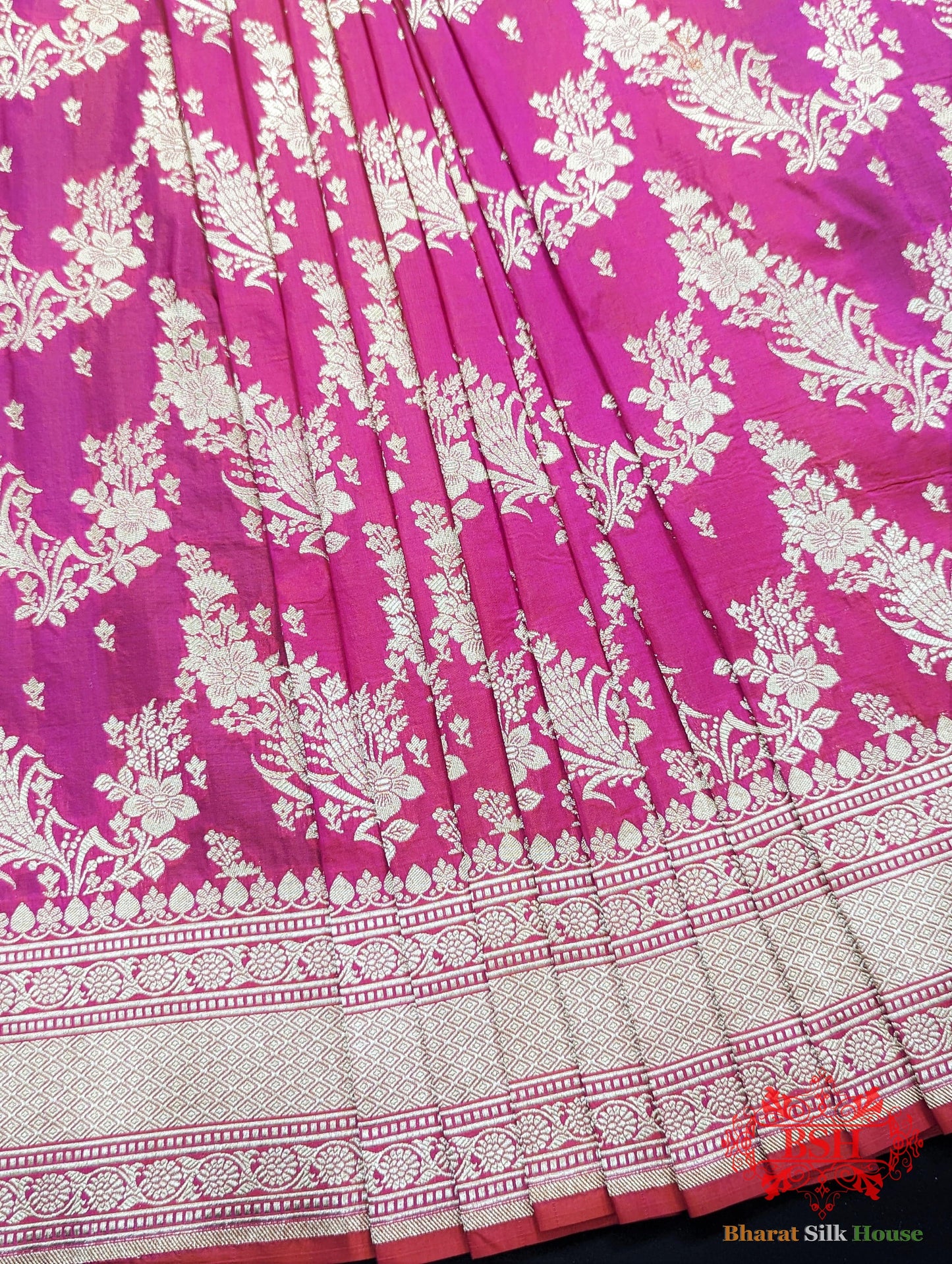 Handloom Banarasi Pure Katan Silk Opara Floral Jaal In Shades Of Rani - Bharat Silk House