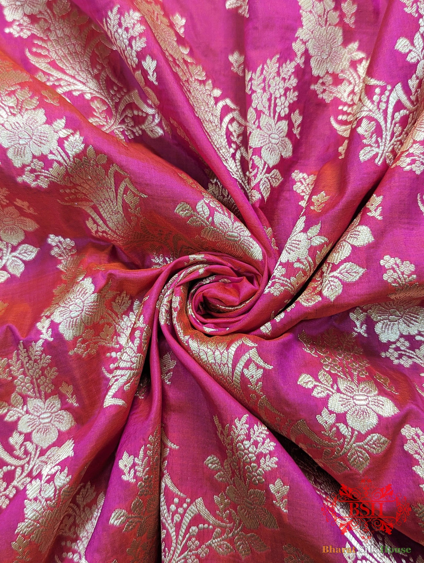 Handloom Banarasi Pure Katan Silk Opara Floral Jaal In Shades Of Rani - Bharat Silk House