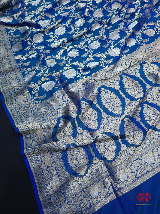 Handloom Banarasi Pure Katan Silk Opara Sona Rupa Dual Zari Saree Floral Jaal In Shades Of Blue - Bharat Silk House