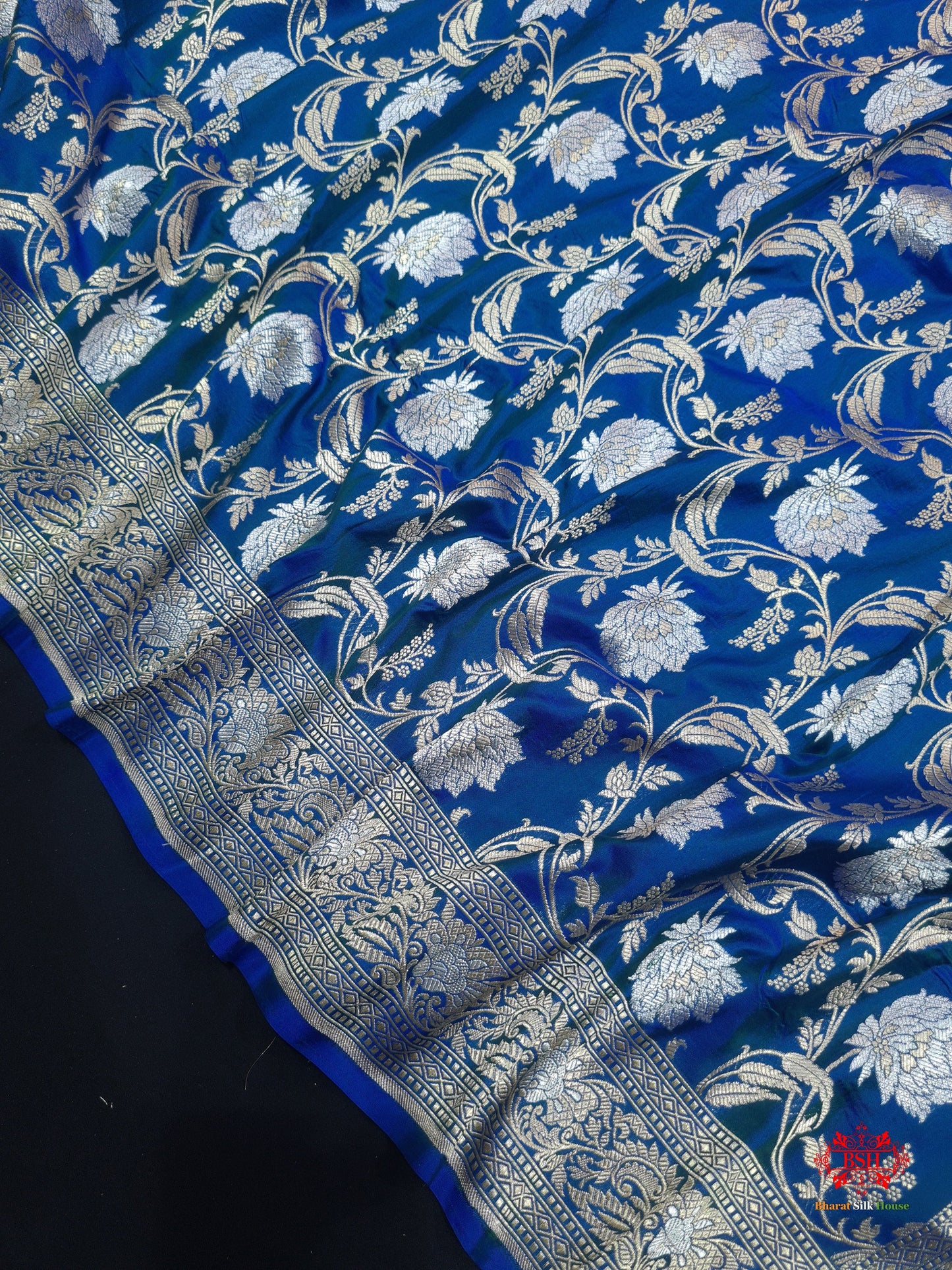 Handloom Banarasi Pure Katan Silk Opara Sona Rupa Dual Zari Saree Floral Jaal In Shades Of Blue - Bharat Silk House