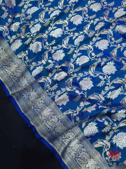 Handloom Banarasi Pure Katan Silk Opara Sona Rupa Dual Zari Saree Floral Jaal In Shades Of Blue - Bharat Silk House