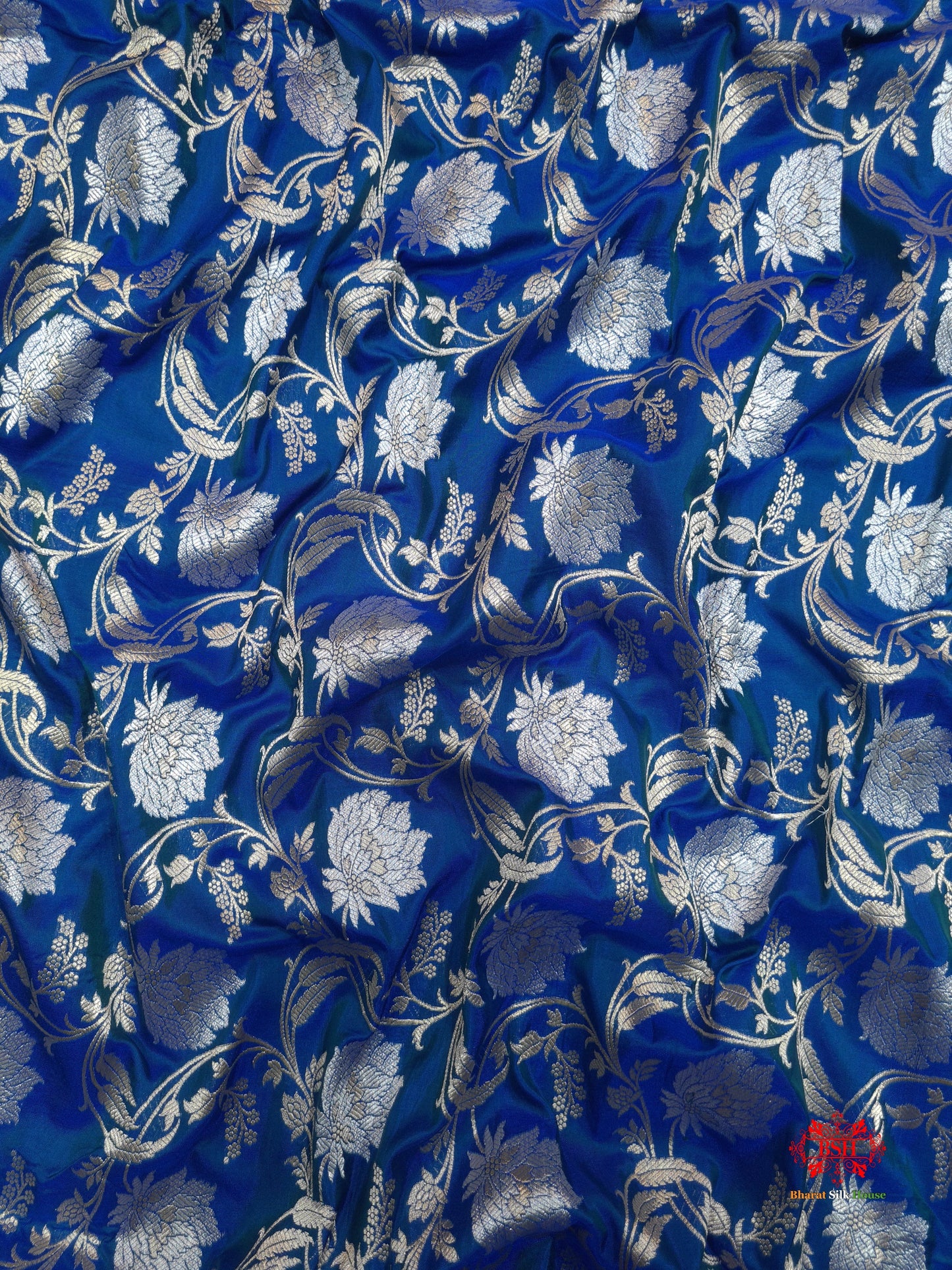 Handloom Banarasi Pure Katan Silk Opara Sona Rupa Dual Zari Saree Floral Jaal In Shades Of Blue - Bharat Silk House