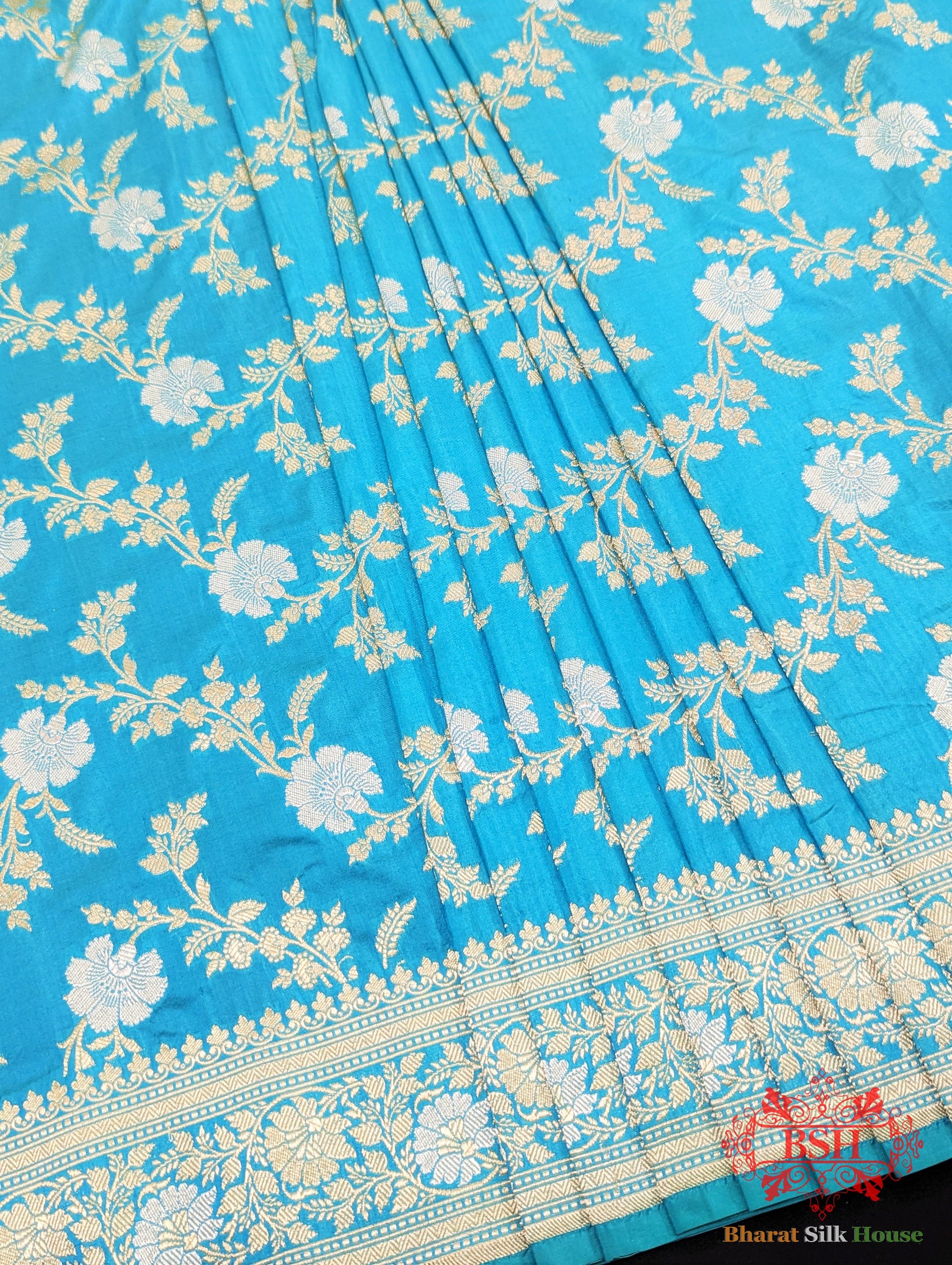 Handloom Banarasi Pure Katan Silk Opara Sona Rupa Dual Zari Saree Floral Jaal In Shades Of Firozi - Bharat Silk House