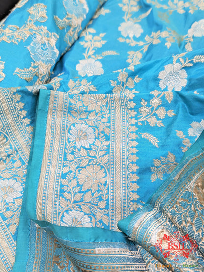 Handloom Banarasi Pure Katan Silk Opara Sona Rupa Dual Zari Saree Floral Jaal In Shades Of Firozi - Bharat Silk House