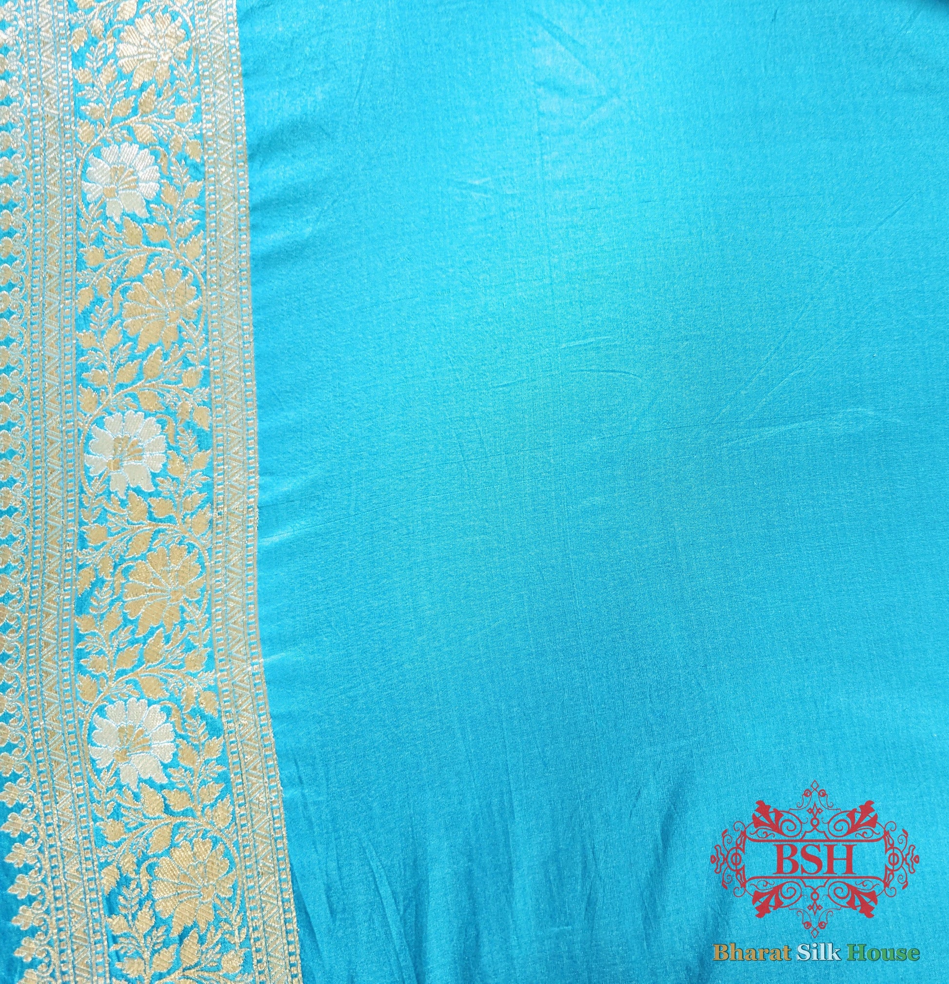 Handloom Banarasi Pure Katan Silk Opara Sona Rupa Dual Zari Saree Floral Jaal In Shades Of Firozi - Bharat Silk House