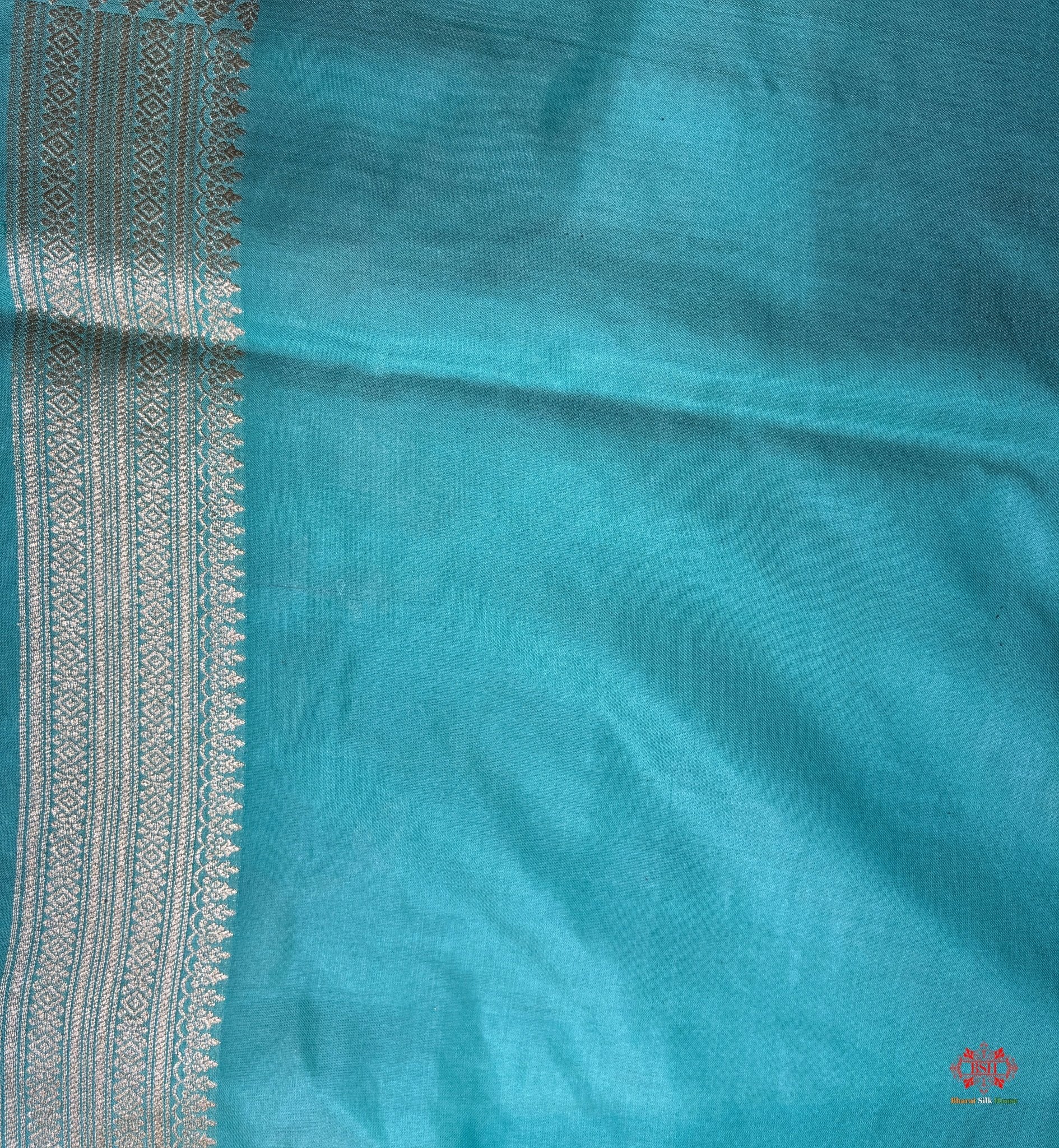 Handloom Banarasi Pure Katan Silk Opara Sona Rupa Dual Zari Saree Floral Jaal In Shades Of Firozi - Bharat Silk House Pure Kataan Silk