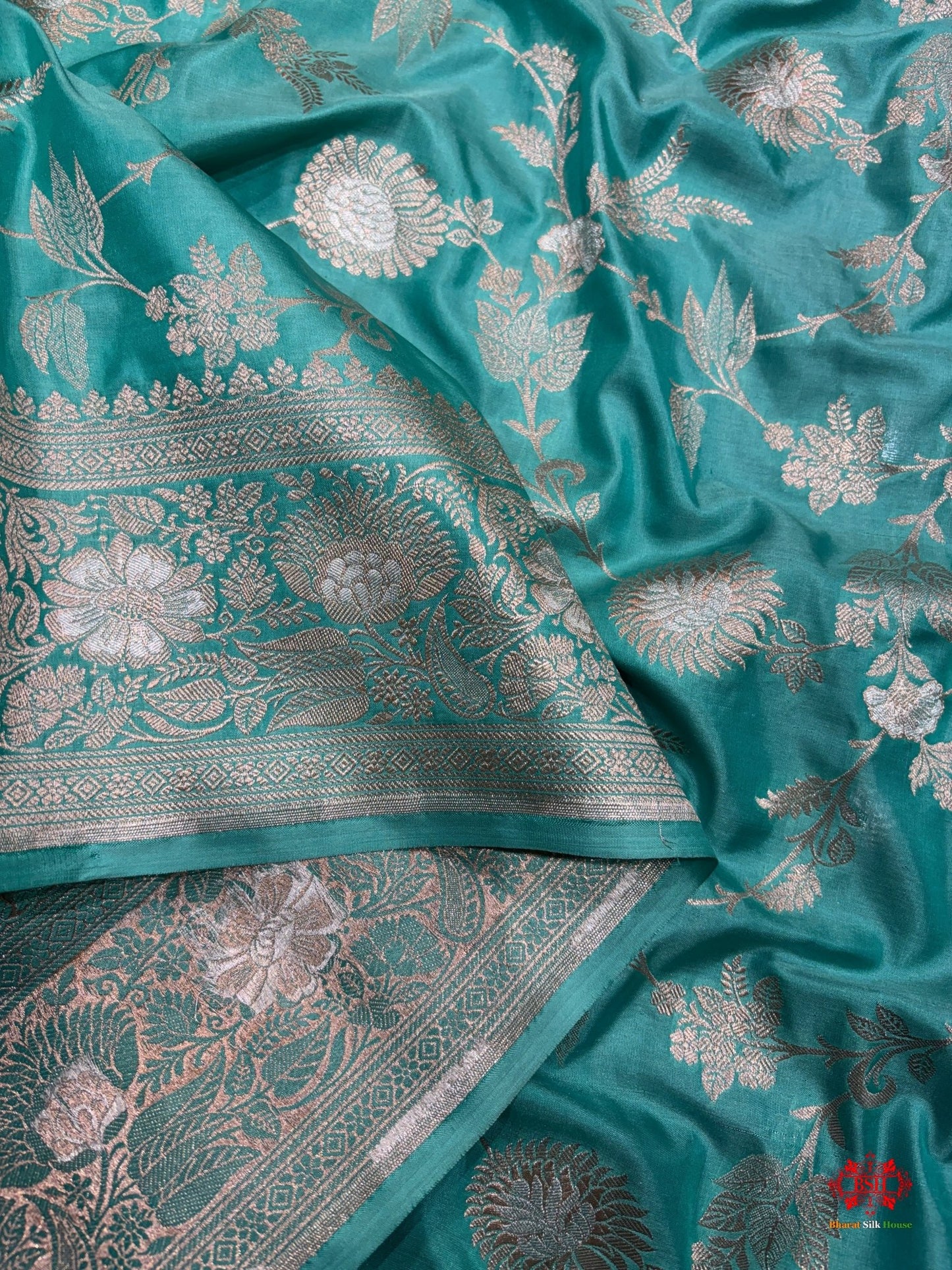 Handloom Banarasi Pure Katan Silk Opara Sona Rupa Dual Zari Saree Floral Jaal In Shades Of Firozi - Bharat Silk House Pure Kataan Silk