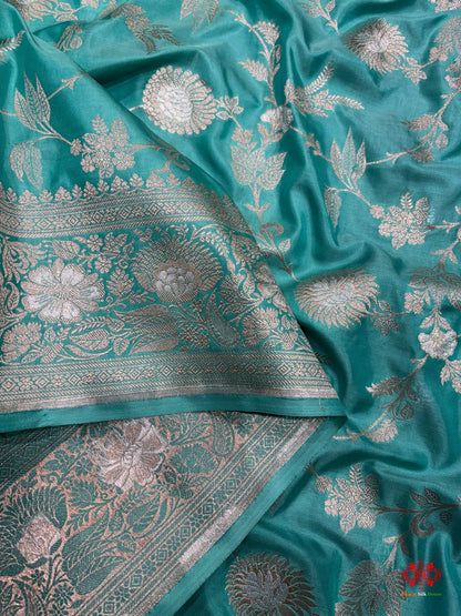 Handloom Banarasi Pure Katan Silk Opara Sona Rupa Dual Zari Saree Floral Jaal In Shades Of Firozi - Bharat Silk House Pure Kataan Silk