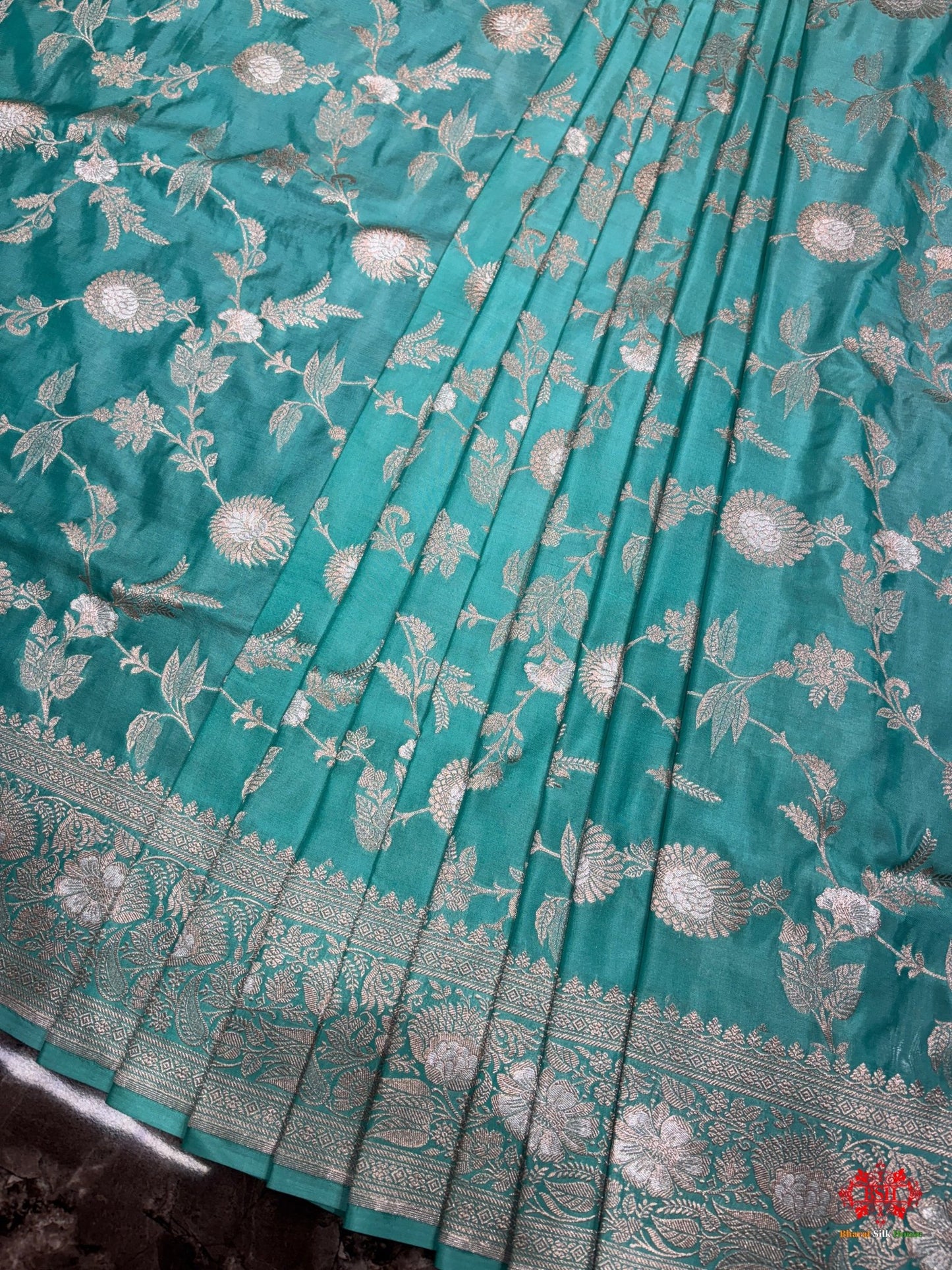 Handloom Banarasi Pure Katan Silk Opara Sona Rupa Dual Zari Saree Floral Jaal In Shades Of Firozi - Bharat Silk House Pure Kataan Silk