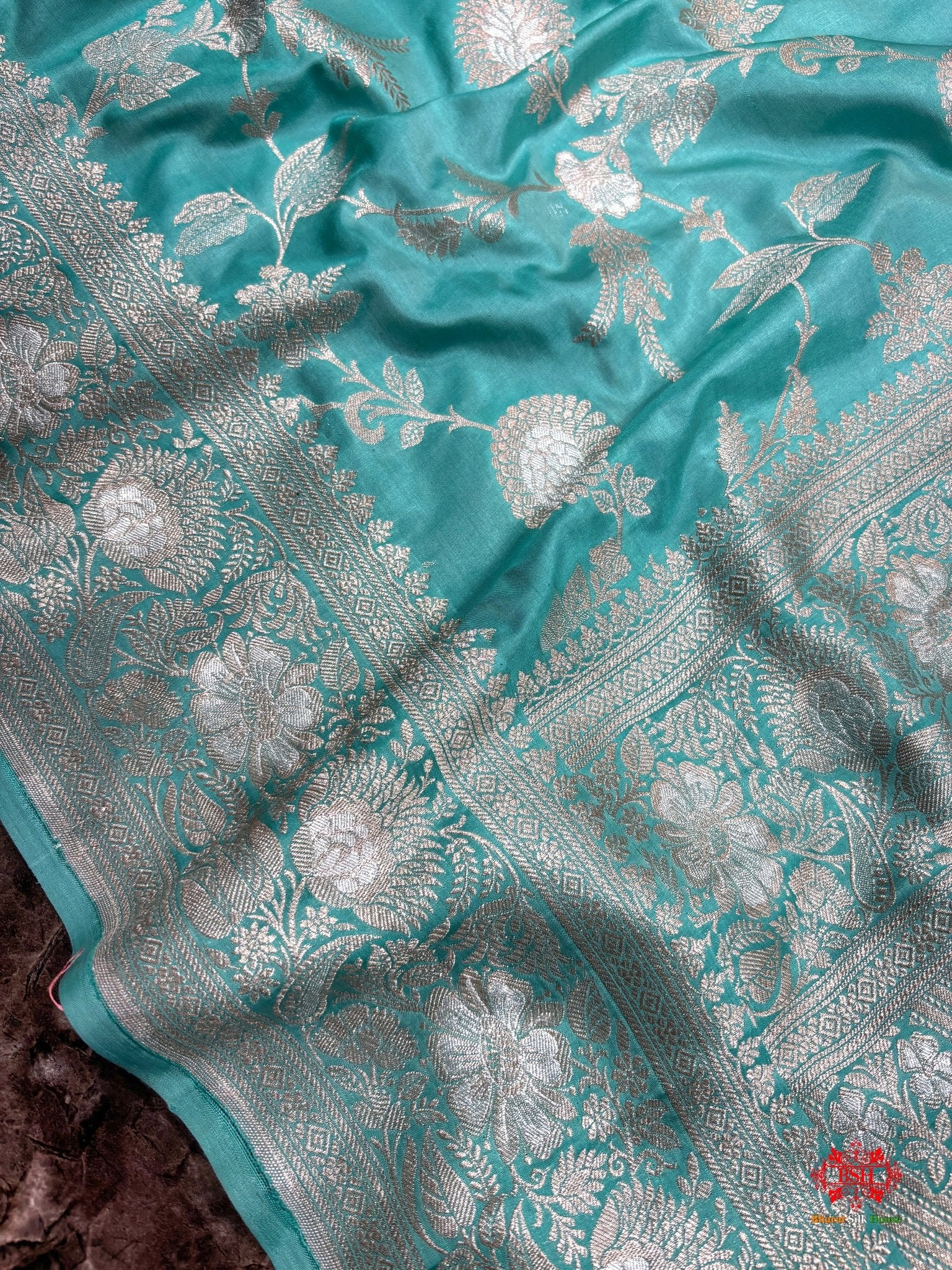 Handloom Banarasi Pure Katan Silk Opara Sona Rupa Dual Zari Saree Floral Jaal In Shades Of Firozi - Bharat Silk House Pure Kataan Silk