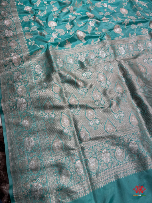 Handloom Banarasi Pure Katan Silk Opara Sona Rupa Dual Zari Saree Floral Jaal In Shades Of Firozi - Bharat Silk House Pure Kataan Silk