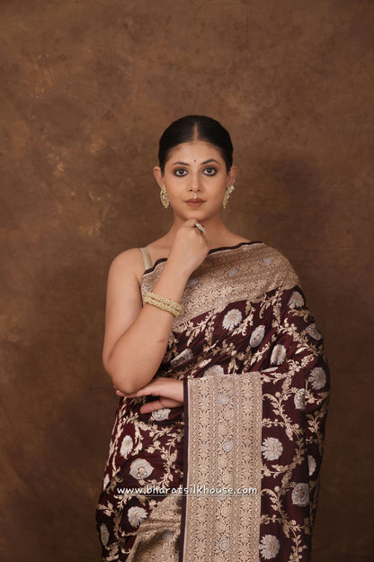 Handloom Banarasi Pure Katan Silk Opara Sona Rupa Dual Zari Saree Floral Jaal In Shades Of Garnet - Bharat Silk House