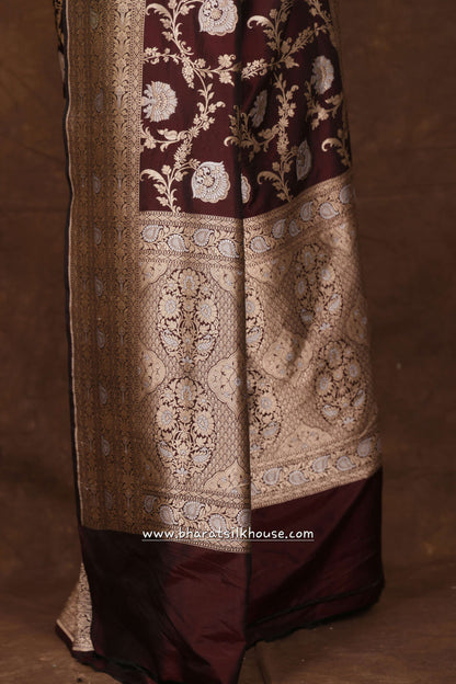 Handloom Banarasi Pure Katan Silk Opara Sona Rupa Dual Zari Saree Floral Jaal In Shades Of Garnet - Bharat Silk House