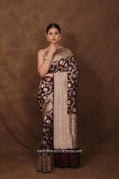 Handloom Banarasi Pure Katan Silk Opara Sona Rupa Dual Zari Saree Floral Jaal In Shades Of Garnet - Bharat Silk House