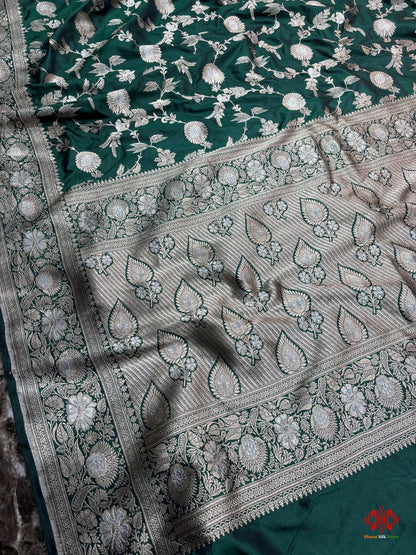 Handloom Banarasi Pure Katan Silk Opara Sona Rupa Dual Zari Saree Floral Jaal In Shades Of Green - Bharat Silk House Pure Kataan Silk