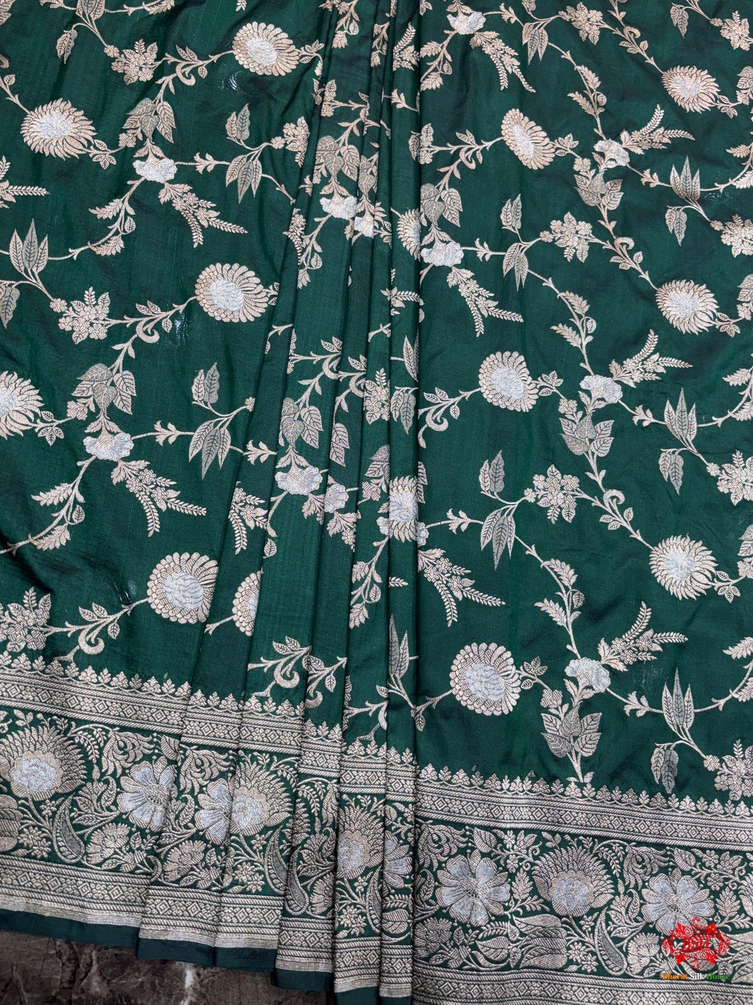 Handloom Banarasi Pure Katan Silk Opara Sona Rupa Dual Zari Saree Floral Jaal In Shades Of Green - Bharat Silk House Pure Kataan Silk