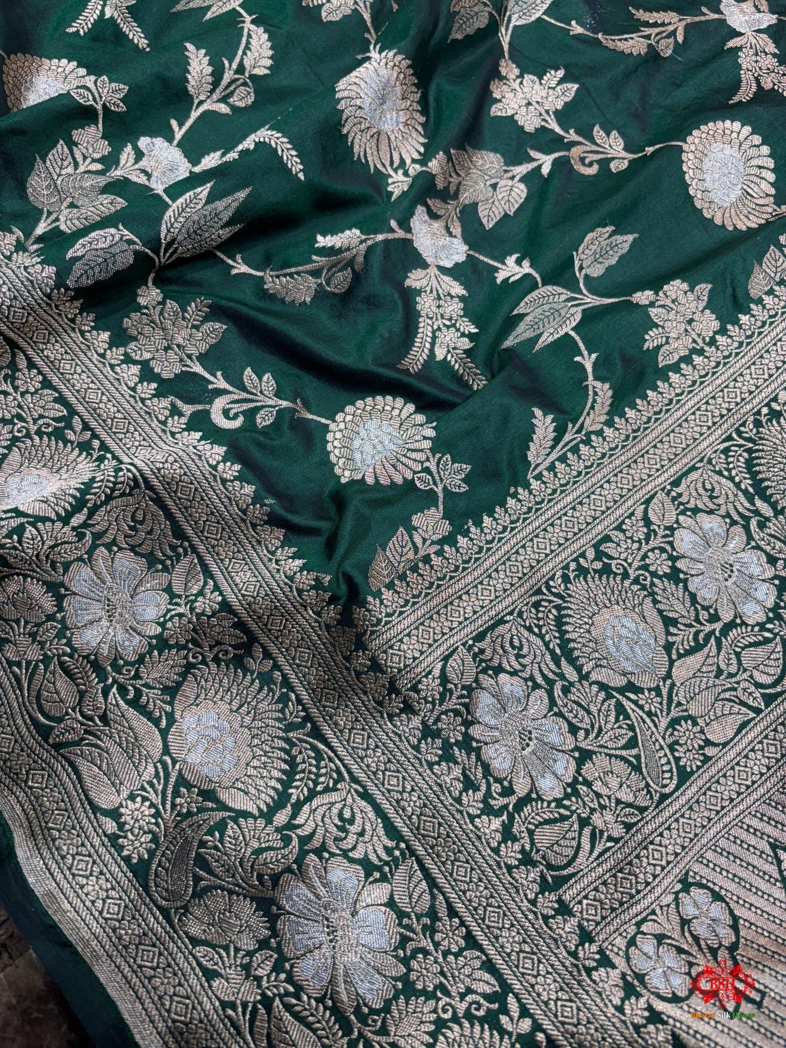 Handloom Banarasi Pure Katan Silk Opara Sona Rupa Dual Zari Saree Floral Jaal In Shades Of Green - Bharat Silk House Pure Kataan Silk