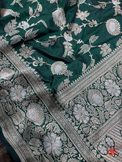 Handloom Banarasi Pure Katan Silk Opara Sona Rupa Dual Zari Saree Floral Jaal In Shades Of Green - Bharat Silk House Pure Kataan Silk