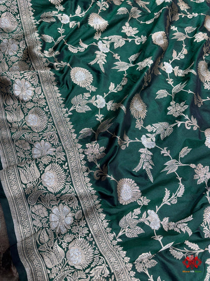 Handloom Banarasi Pure Katan Silk Opara Sona Rupa Dual Zari Saree Floral Jaal In Shades Of Green - Bharat Silk House Pure Kataan Silk