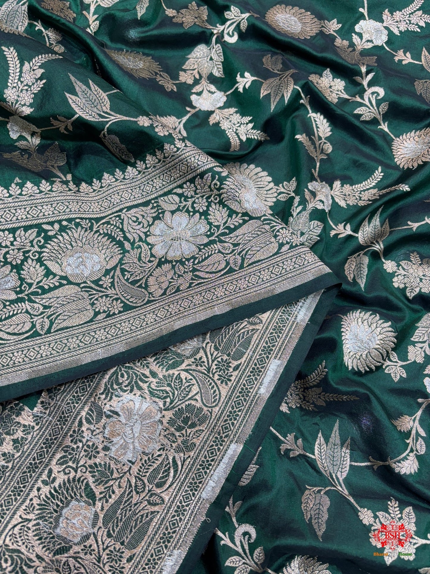 Handloom Banarasi Pure Katan Silk Opara Sona Rupa Dual Zari Saree Floral Jaal In Shades Of Green - Bharat Silk House Pure Kataan Silk