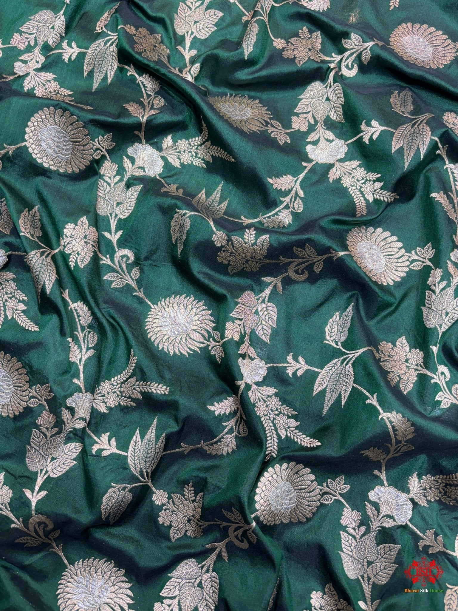 Handloom Banarasi Pure Katan Silk Opara Sona Rupa Dual Zari Saree Floral Jaal In Shades Of Green - Bharat Silk House Pure Kataan Silk