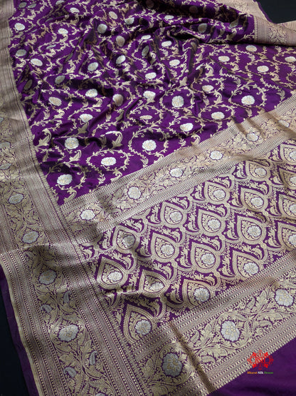 Handloom Banarasi Pure Katan Silk Opara Sona Rupa Dual Zari Saree Floral Jaal In Shades Of Magenta - Bharat Silk House