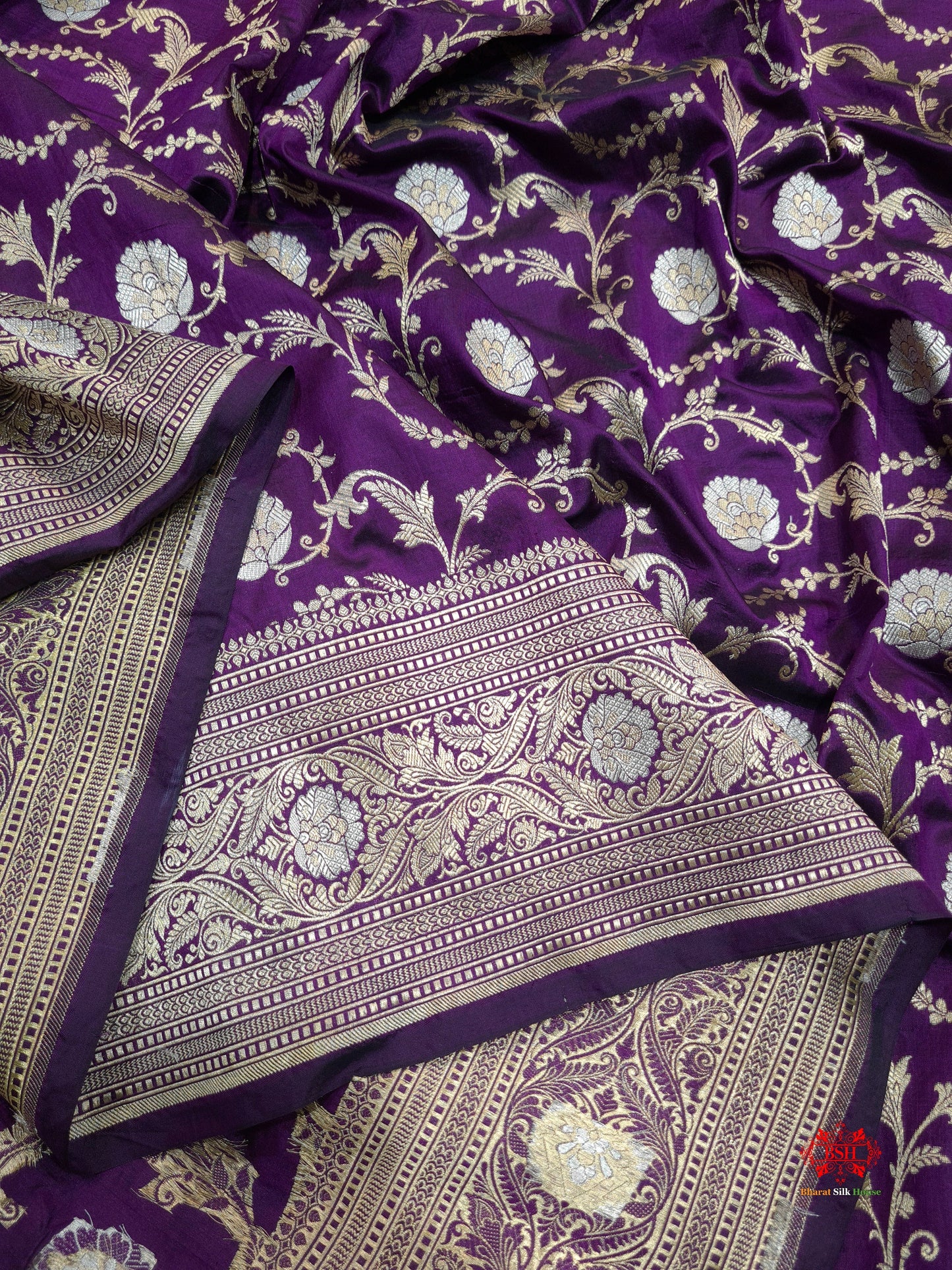 Handloom Banarasi Pure Katan Silk Opara Sona Rupa Dual Zari Saree Floral Jaal In Shades Of Magenta - Bharat Silk House