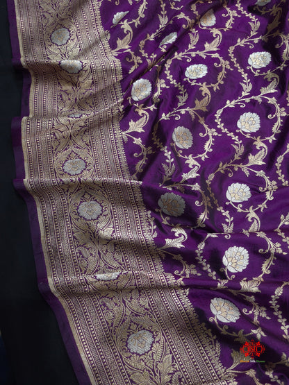 Handloom Banarasi Pure Katan Silk Opara Sona Rupa Dual Zari Saree Floral Jaal In Shades Of Magenta - Bharat Silk House