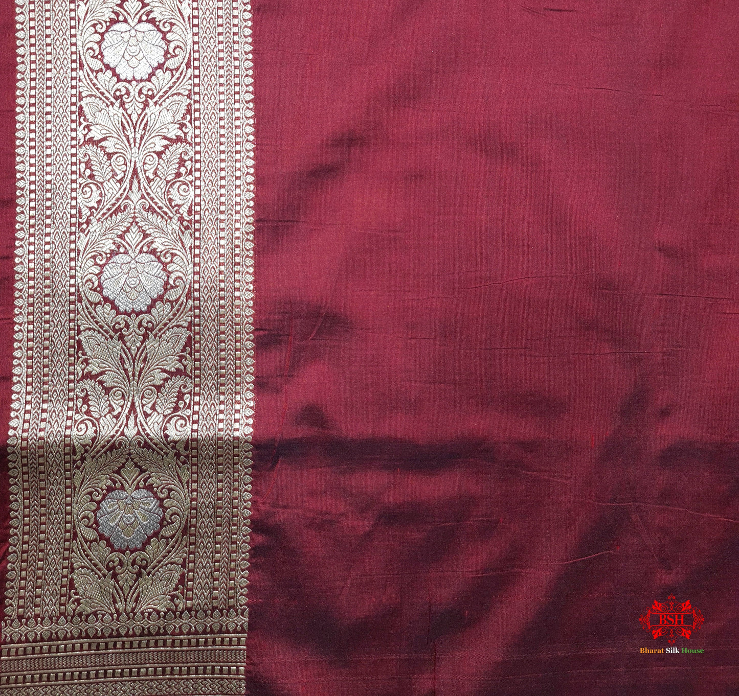 Handloom Banarasi Pure Katan Silk Opara Sona Rupa Dual Zari Saree Floral Jaal In Shades Of Maroon - Bharat Silk House