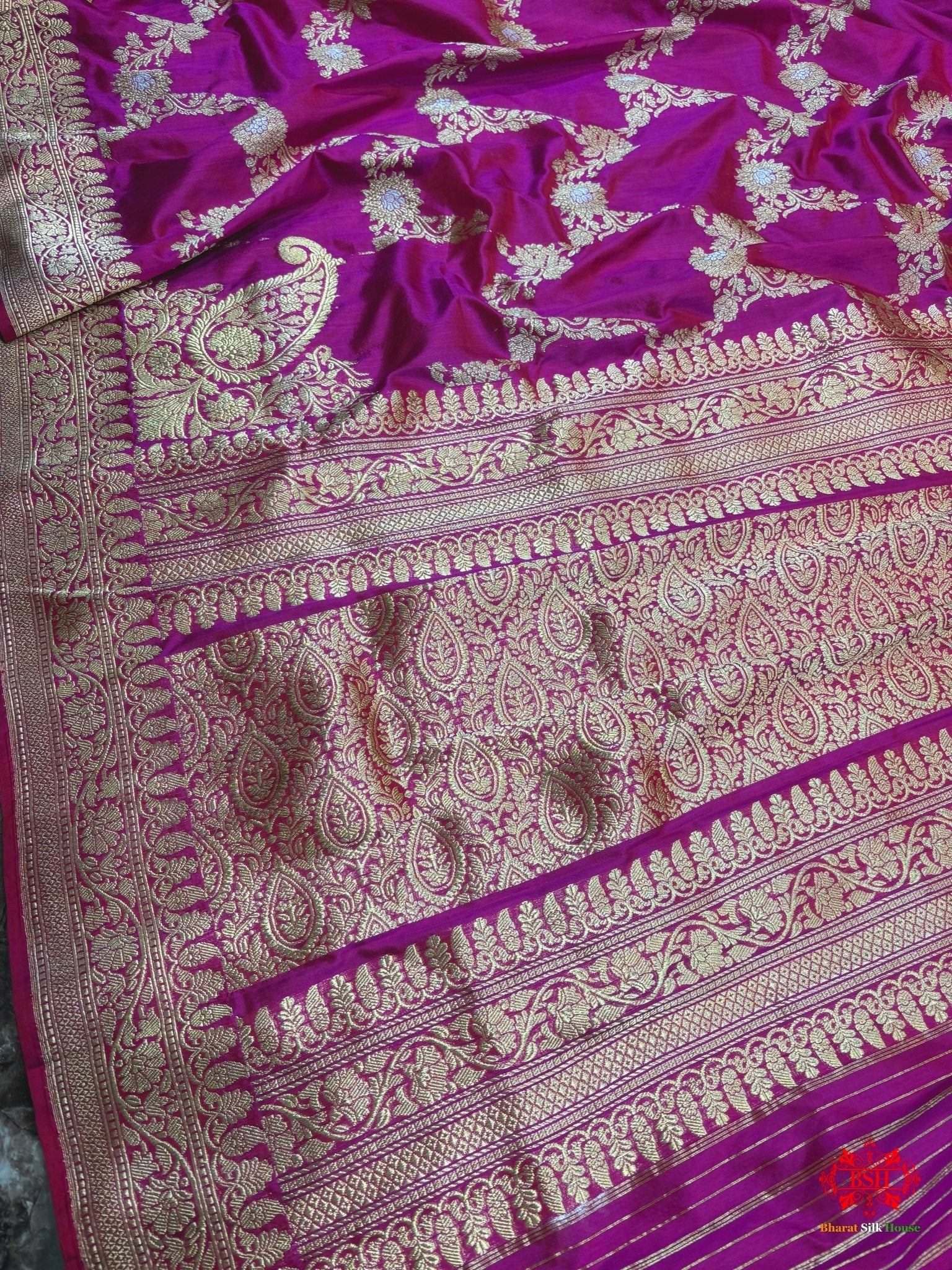 Handloom Banarasi Pure Katan Silk Opara Sona Rupa Dual Zari Saree Floral Jaal In Shades Of Pink - Bharat Silk House Pure Kataan Silk