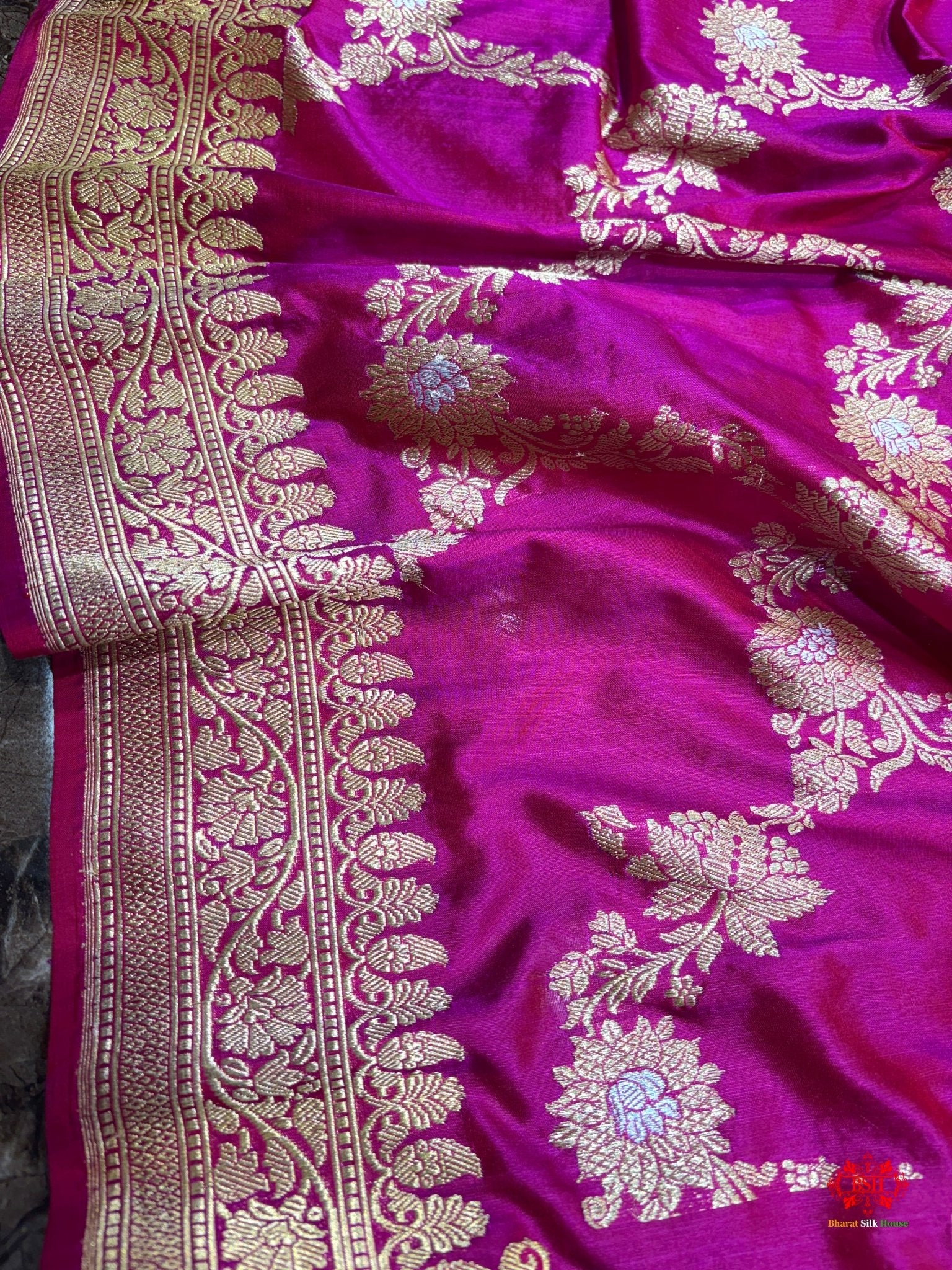 Handloom Banarasi Pure Katan Silk Opara Sona Rupa Dual Zari Saree Floral Jaal In Shades Of Pink - Bharat Silk House Pure Kataan Silk