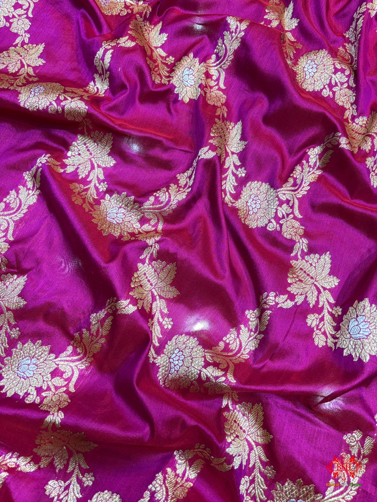 Handloom Banarasi Pure Katan Silk Opara Sona Rupa Dual Zari Saree Floral Jaal In Shades Of Pink - Bharat Silk House Pure Kataan Silk