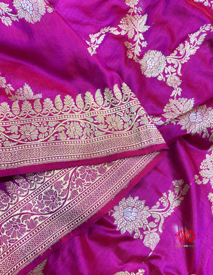 Handloom Banarasi Pure Katan Silk Opara Sona Rupa Dual Zari Saree Floral Jaal In Shades Of Pink - Bharat Silk House Pure Kataan Silk