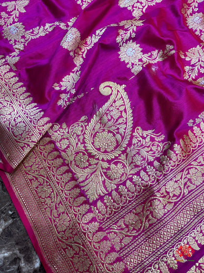 Handloom Banarasi Pure Katan Silk Opara Sona Rupa Dual Zari Saree Floral Jaal In Shades Of Pink - Bharat Silk House Pure Kataan Silk