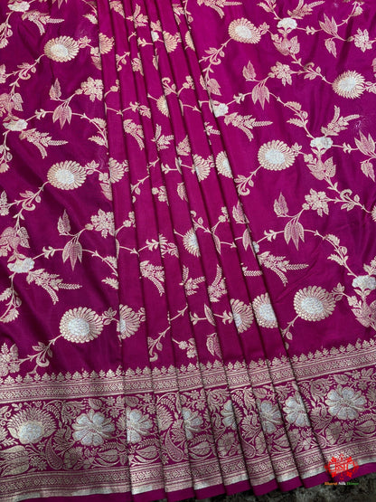 Handloom Banarasi Pure Katan Silk Opara Sona Rupa Dual Zari Saree Floral Jaal In Shades Of Rani - Bharat Silk House Pure Kataan Silk