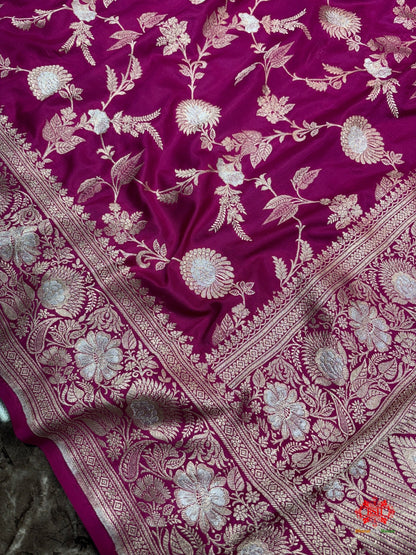 Handloom Banarasi Pure Katan Silk Opara Sona Rupa Dual Zari Saree Floral Jaal In Shades Of Rani - Bharat Silk House Pure Kataan Silk