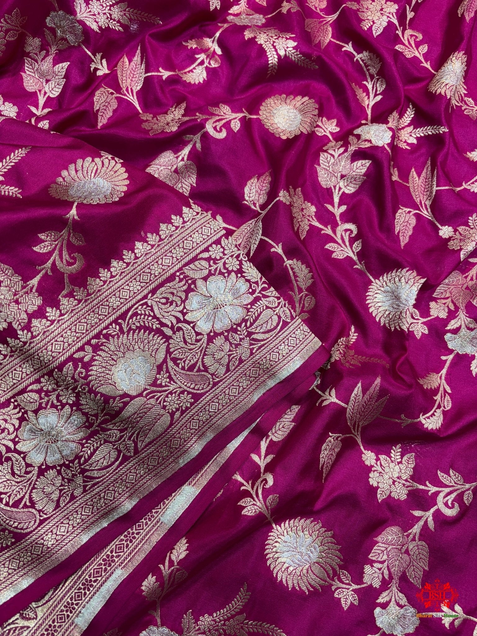 Handloom Banarasi Pure Katan Silk Opara Sona Rupa Dual Zari Saree Floral Jaal In Shades Of Rani - Bharat Silk House Pure Kataan Silk