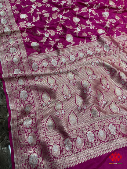 Handloom Banarasi Pure Katan Silk Opara Sona Rupa Dual Zari Saree Floral Jaal In Shades Of Rani - Bharat Silk House Pure Kataan Silk